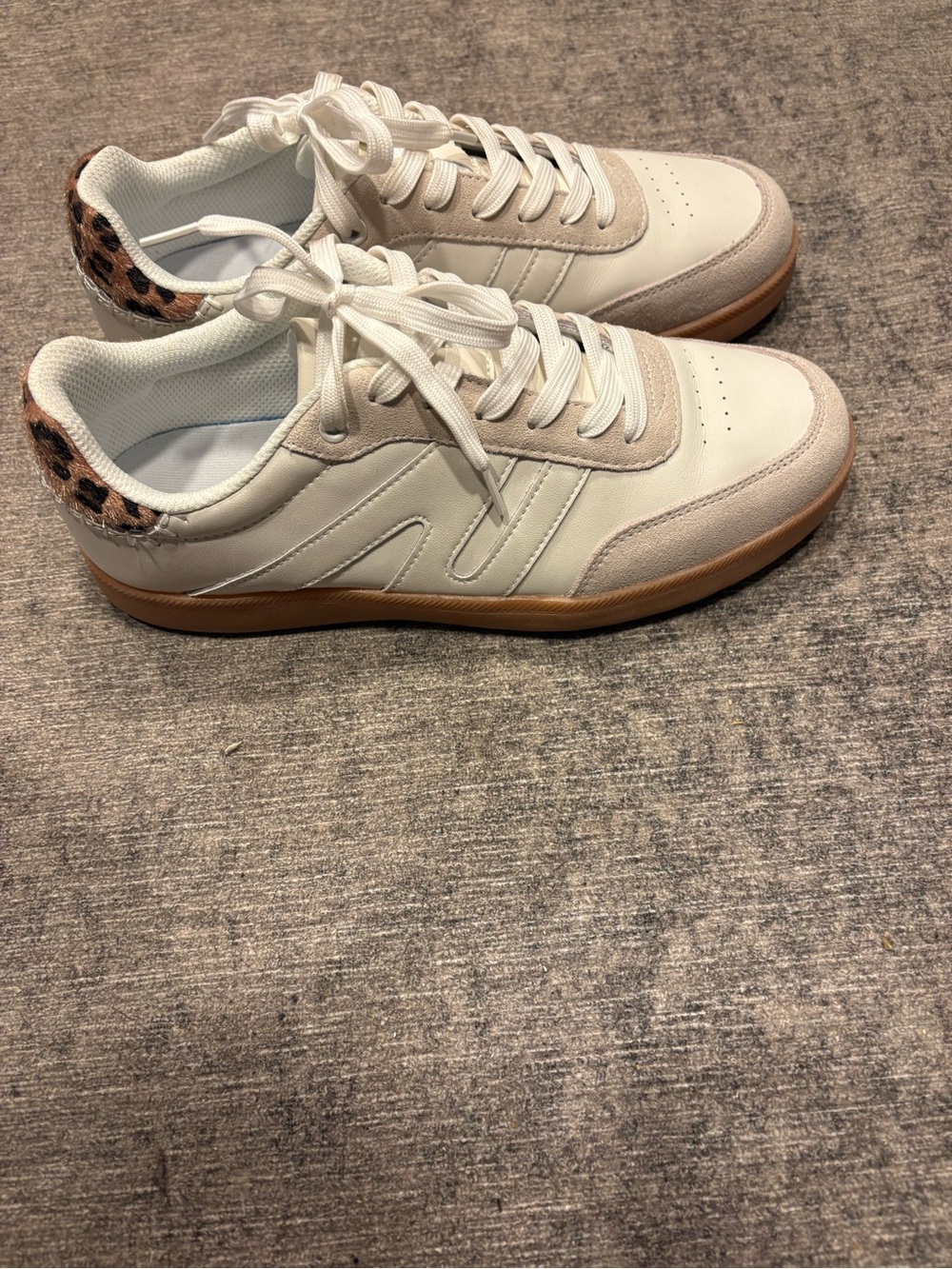 Women’s White Sneakers with Tan Accents and Leopard Heel
